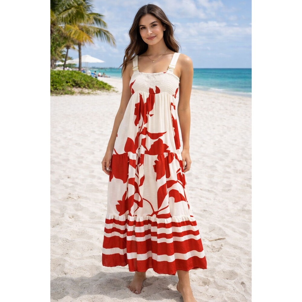Nine West Womens Tiered Floral Maxi Dress Red White Floral Ruffle Beachy Boho XS